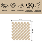 Beige plaktegels zelfklevende tegels Arabian Drops met afmetingen en specificaties